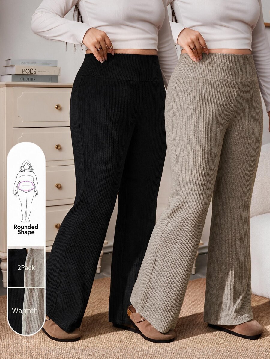 Enliva Plus-Size Women's Casual Two Pieces Trousers In Black And Beige, With PocketsApple,Rounded Body - Multicolor - View 1