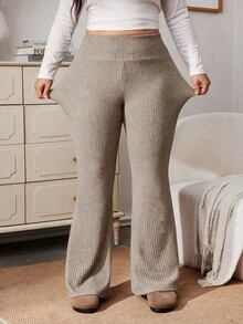 Enliva Plus-Size Women's Casual Two Pieces Trousers In Black And Beige, With PocketsApple,Rounded Body - Multicolor - View 6