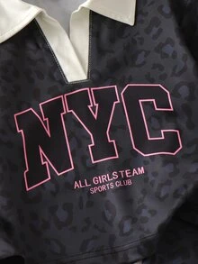 SHEIN Genkimix Kids 女童 2 件組春夏/秋冬套裝，豹紋長袖領口上衣 + 寬腿褲套裝，NYC 字母印花，柔軟休閒 T 恤套裝，彈性腰帶女童日常運動套裝 - 灰色 - 查看 6
