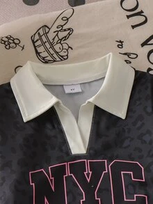 SHEIN Genkimix Kids 女童 2 件組春夏/秋冬套裝，豹紋長袖領口上衣 + 寬腿褲套裝，NYC 字母印花，柔軟休閒 T 恤套裝，彈性腰帶女童日常運動套裝 - 灰色 - 查看 8