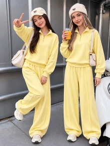 SHEIN 青少年女孩 Y2K 街頭風 2 件套運動褲套裝，四分之一拉鍊落肩套頭衛衣搭配寬腿鬆垮長褲，秋冬穿搭 - 黃色 - 查看 9