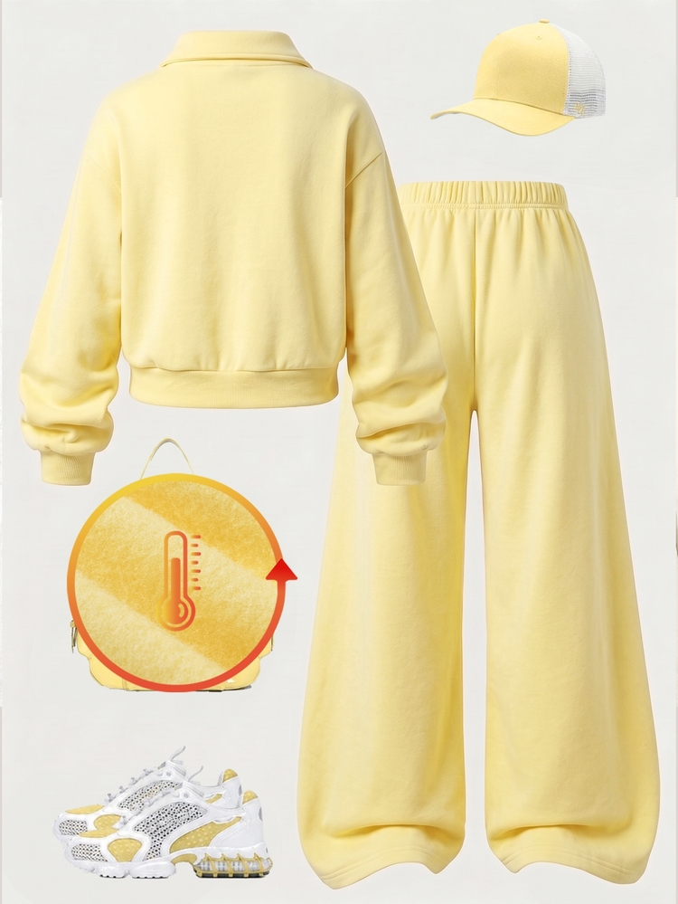 SHEIN Teen Girls Y2K Streetwear 2pcs Sweatpants Set Quarter Zip Drop Shoulder Pullover Sweatshirt Wide Leg Baggy Trousers Outfits For Fall Winter - Yellow - View 2