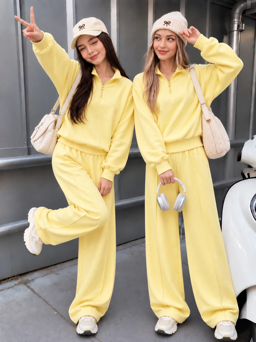 SHEIN 青少年女孩 Y2K 街頭風 2 件套運動褲套裝,四分之一拉鍊落肩套頭衛衣搭配寬腿鬆垮長褲,秋冬穿搭 - 黃色 - 查看 1