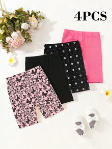 SHEIN Playful Pals 4件組女嬰可愛蝴蝶印花短褲休閒舒適內搭褲日常穿著女童/夏季女童夏季長褲 - 彩色 - 查看 2