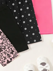 SHEIN Playful Pals 4件組女嬰可愛蝴蝶印花短褲休閒舒適內搭褲日常穿著女童/夏季女童夏季長褲 - 彩色 - 查看 4
