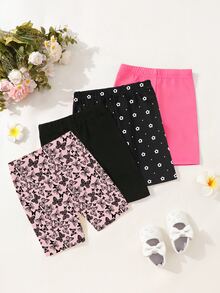SHEIN Playful Pals 4件組女嬰可愛蝴蝶印花短褲休閒舒適內搭褲日常穿著女童/夏季女童夏季長褲 - 彩色 - 查看 3