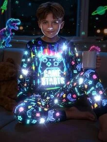 SHEIN Set Piyama Anak Laki-Laki Remaja Motif Konsol Game Neon Kerah Bulat Lengan Panjang Celana Musim Gugur Kasual Nyaman Pas Badan 2pcs - Hitam - View 1
