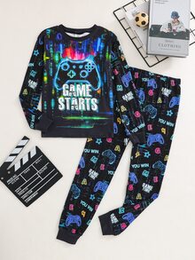 SHEIN Set Piyama Anak Laki-Laki Remaja Motif Konsol Game Neon Kerah Bulat Lengan Panjang Celana Musim Gugur Kasual Nyaman Pas Badan 2pcs - Hitam - View 2