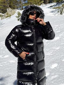 Lumivelle Long Shiny Black Puffer Winter Coat With Faux Fur Hood – Warm Outerwear, Zip Up, Faux Fur Trim And Quilted Design Going Out Everyday Streetwear Casual - Black - View 6