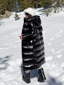 Lumivelle Long Shiny Black Puffer Winter Coat With Faux Fur Hood – Warm Outerwear, Zip Up, Faux Fur Trim And Quilted Design Going Out Everyday Streetwear Casual - Black - View 5