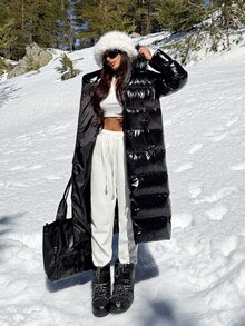Lumivelle Long Shiny Black Puffer Winter Coat With Faux Fur Hood – Warm Outerwear, Zip Up, Faux Fur Trim And Quilted Design Going Out Everyday Streetwear Casual - Black - View 4