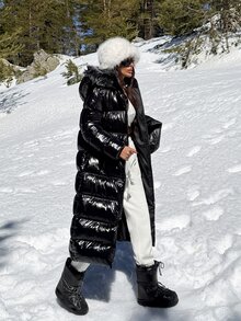 Lumivelle Long Shiny Black Puffer Winter Coat With Faux Fur Hood – Warm Outerwear, Zip Up, Faux Fur Trim And Quilted Design Going Out Everyday Streetwear Casual - Black - View 2