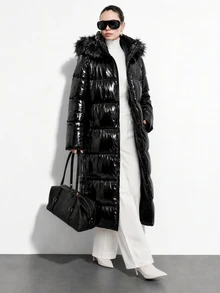 Lumivelle Long Shiny Black Puffer Winter Coat With Faux Fur Hood – Warm Outerwear, Zip Up, Faux Fur Trim And Quilted Design Going Out Everyday Streetwear Casual - Black - View 1