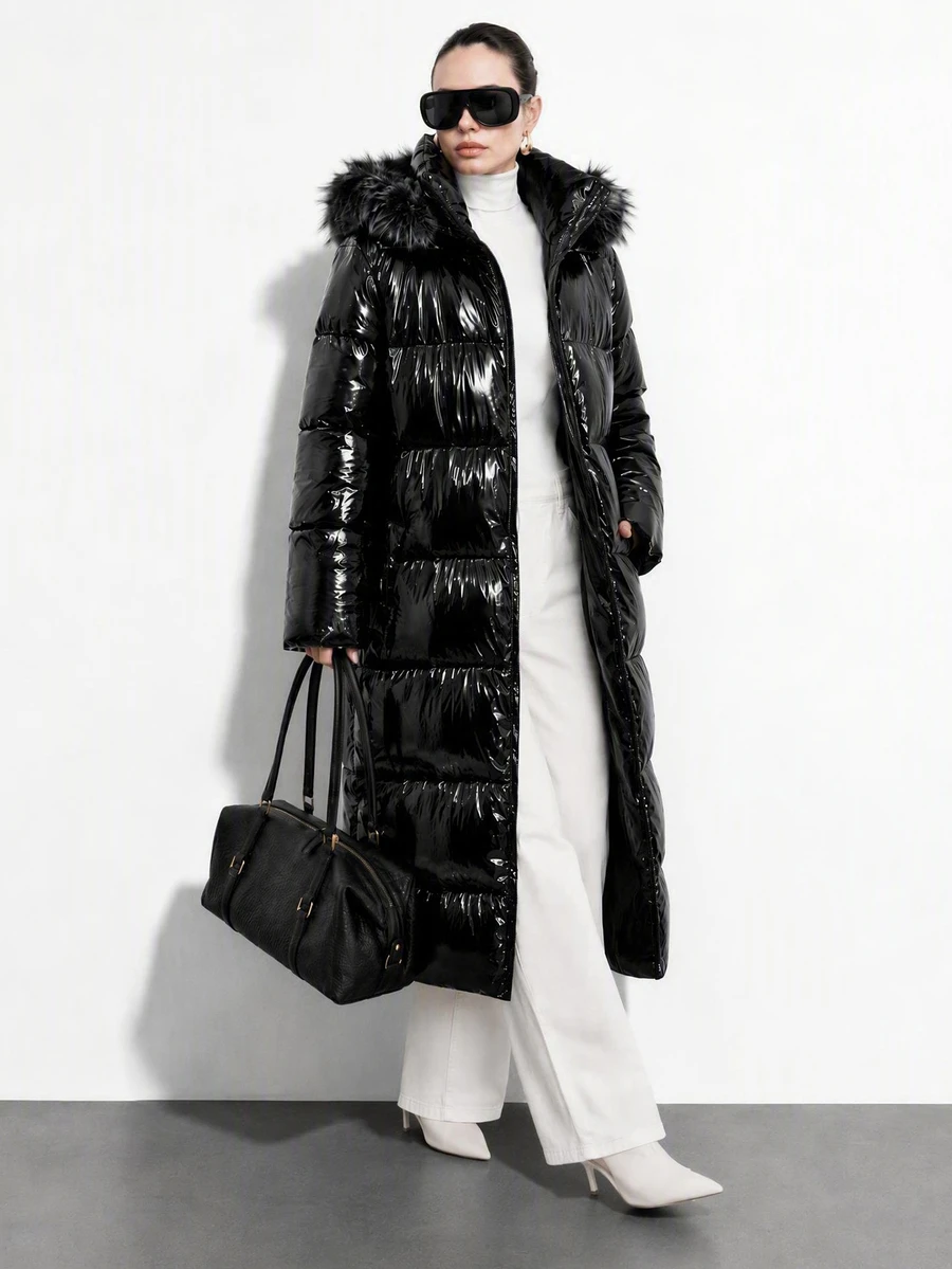 Lumivelle Long Shiny Black Puffer Winter Coat With Faux Fur Hood – Warm Outerwear, Zip Up, Faux Fur Trim And Quilted Design Going Out Everyday Streetwear Casual - Black - View 1