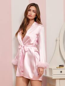 Amorya Elegant Satin & Faux Fur Trim Plus Size Robe, Pink - Pink - View 3