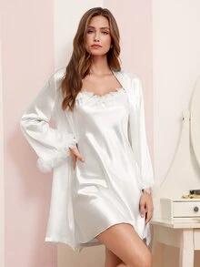 Amorya 2 Pieces Set: Floral Trim Faux Silk Camisole Nightgown And Robe, Fall Winter Clothes - White - View 5