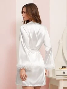 Amorya 2 Pieces Set: Floral Trim Faux Silk Camisole Nightgown And Robe, Fall Winter Clothes - White - View 2
