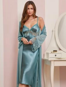 Amorya Elegant Satin Lace Robe Robe Women Sleepwear Set - Mint Blue - View 1
