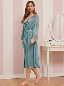 Amorya Elegant Satin Lace Robe Robe Women Sleepwear Set - Mint Blue - View 5