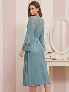 Amorya Elegant Satin Lace Robe Robe Women Sleepwear Set - Mint Blue - View 2