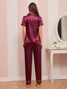 Amorya 2件套仿丝心形刺绣短袖上衣和裤子睡衣套装 - 紫紅色 - 查看 2