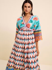 LOTSLUV Women's Spring/Summer Vacation Blue-Green Tropical Floral And Peacock Print V-Neck Mid-Sleeve Cinched Waist Long Dress - Multicolor - View 6