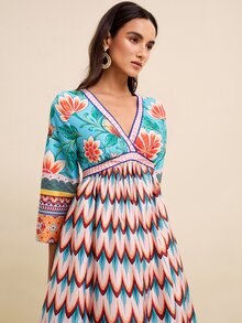 LOTSLUV Women's Spring/Summer Vacation Blue-Green Tropical Floral And Peacock Print V-Neck Mid-Sleeve Cinched Waist Long Dress - Multicolor - View 5