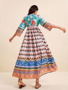 LOTSLUV Women's Spring/Summer Vacation Blue-Green Tropical Floral And Peacock Print V-Neck Mid-Sleeve Cinched Waist Long Dress - Multicolor - View 2