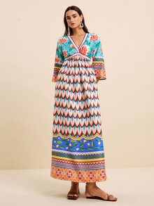 LOTSLUV Women's Spring/Summer Vacation Blue-Green Tropical Floral And Peacock Print V-Neck Mid-Sleeve Cinched Waist Long Dress - Multicolor - View 3
