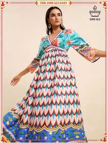 LOTSLUV Women's Spring/Summer Vacation Blue-Green Tropical Floral And Peacock Print V-Neck Mid-Sleeve Cinched Waist Long Dress - Multicolor - View 1