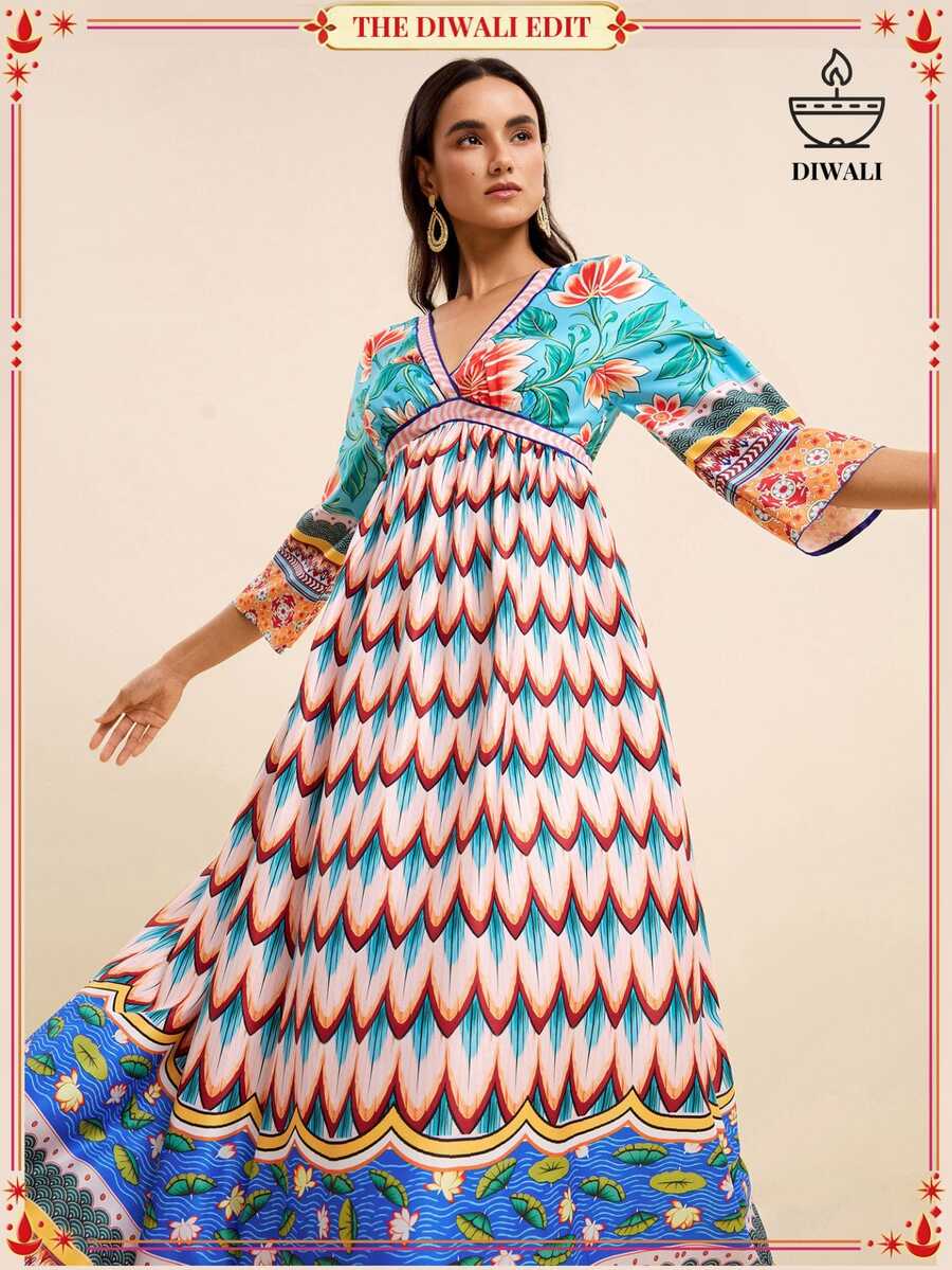 LOTSLUV Women's Spring/Summer Vacation Blue-Green Tropical Floral And Peacock Print V-Neck Mid-Sleeve Cinched Waist Long Dress - Multicolor - View 1
