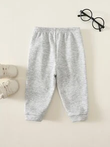 SHEIN 男嬰女嬰秋冬保暖內裡加厚素色百搭舒適鬆緊腰長褲 - 灰色 - 查看 2