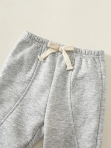 SHEIN 男嬰女嬰秋冬保暖內裡加厚素色百搭舒適鬆緊腰長褲 - 灰色 - 查看 5