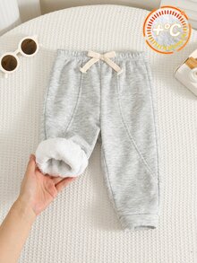SHEIN 男嬰女嬰秋冬保暖內裡加厚素色百搭舒適鬆緊腰長褲 - 灰色 - 查看 9
