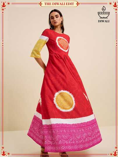 SURIMA Women's Red Polka Dots Autumn Boho Holiday Vacation Al-Adha Printed Round Neck Short Sleeve Dress Formal Festival Country With Pockets
