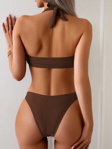 Swim Basics 流行黑色性感吊带两件套比基尼套装，女士度假休闲沙滩泳装 - 咖啡棕 - 查看 2