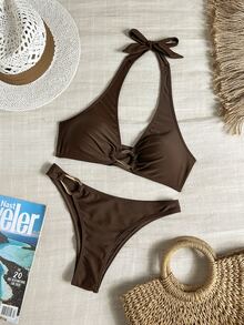 Swim Basics 流行黑色性感吊带两件套比基尼套装，女士度假休闲沙滩泳装 - 咖啡棕 - 查看 5