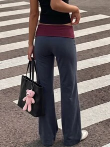 SHEIN 青少年女孩翻折式對比腰頭抓絨內裡寬腿運動長褲 白色字母圖案印花 寬鬆保暖長褲 秋冬款 - 彩色 - 查看 3