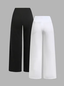 SHEIN Tween女孩秋冬針織黑白高腰寬腰帶修身直筒寬腿長褲 百搭簡約舒適休閒 2件組 隨機發送 - 黑與白 - 查看 2