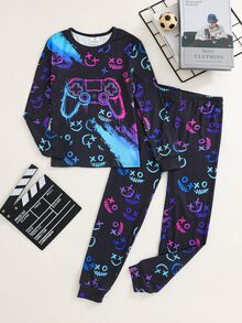 SHEIN 2pcs Kids Tween Boy Casual Daily Comfortable Fluorescent Game Console Print Crew Neck Pullover Pajama Top And Long Pants Knit Loungewear Tight Fit Set - Multicolor - View 2