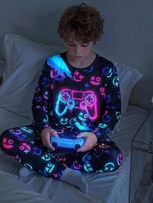 SHEIN 2pcs Kids Tween Boy Casual Daily Comfortable Fluorescent Game Console Print Crew Neck Pullover Pajama Top And Long Pants Knit Loungewear Tight Fit Set - Multicolor - View 7