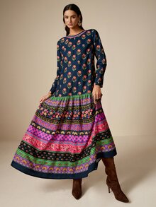 LOTSLUV Women's Autumn Elegant Boho Commute Brunch Tea Party Versatile Navy Blue Floral Base Ditsy Positioned Print Round Neck Long Sleeve Loose Fit Dress - Multicolor - View 4