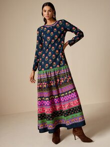 LOTSLUV Women's Autumn Elegant Boho Commute Brunch Tea Party Versatile Navy Blue Floral Base Ditsy Positioned Print Round Neck Long Sleeve Loose Fit Dress - Multicolor - View 7
