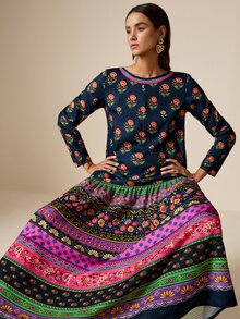 LOTSLUV Women's Autumn Elegant Boho Commute Brunch Tea Party Versatile Navy Blue Floral Base Ditsy Positioned Print Round Neck Long Sleeve Loose Fit Dress - Multicolor - View 6
