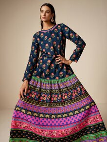 LOTSLUV Women's Autumn Elegant Boho Commute Brunch Tea Party Versatile Navy Blue Floral Base Ditsy Positioned Print Round Neck Long Sleeve Loose Fit Dress - Multicolor - View 3