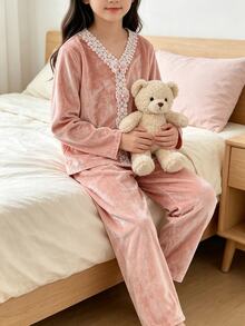 Girls' Fleece Pajama Set With Lace Trim, Ribbon Bow, V-Neck Long Sleeve Top And Long Pants, Casual Cute Fairy Loungewear Lounge Dusty Pink Autumn - Multicolor - View 8