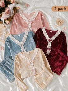 Girls' Fleece Pajama Set With Lace Trim, Ribbon Bow, V-Neck Long Sleeve Top And Long Pants, Casual Cute Fairy Loungewear Lounge Dusty Pink Autumn - Multicolor - View 1