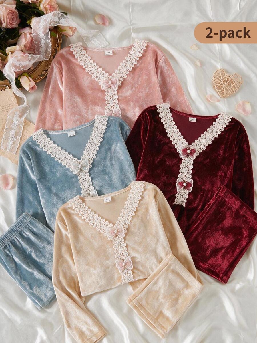 Girls' Fleece Pajama Set With Lace Trim, Ribbon Bow, V-Neck Long Sleeve Top And Long Pants, Casual Cute Fairy Loungewear Lounge Dusty Pink Autumn - Multicolor - View 1