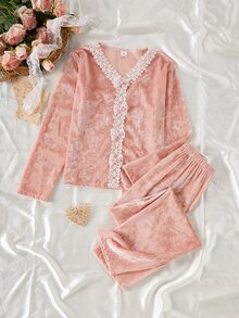Girls' Fleece Pajama Set With Lace Trim, Ribbon Bow, V-Neck Long Sleeve Top And Long Pants, Casual Cute Fairy Loungewear Lounge Dusty Pink Autumn - Multicolor - View 2