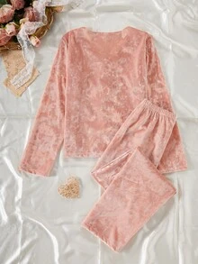 Girls' Fleece Pajama Set With Lace Trim, Ribbon Bow, V-Neck Long Sleeve Top And Long Pants, Casual Cute Fairy Loungewear Lounge Dusty Pink Autumn - Multicolor - View 3